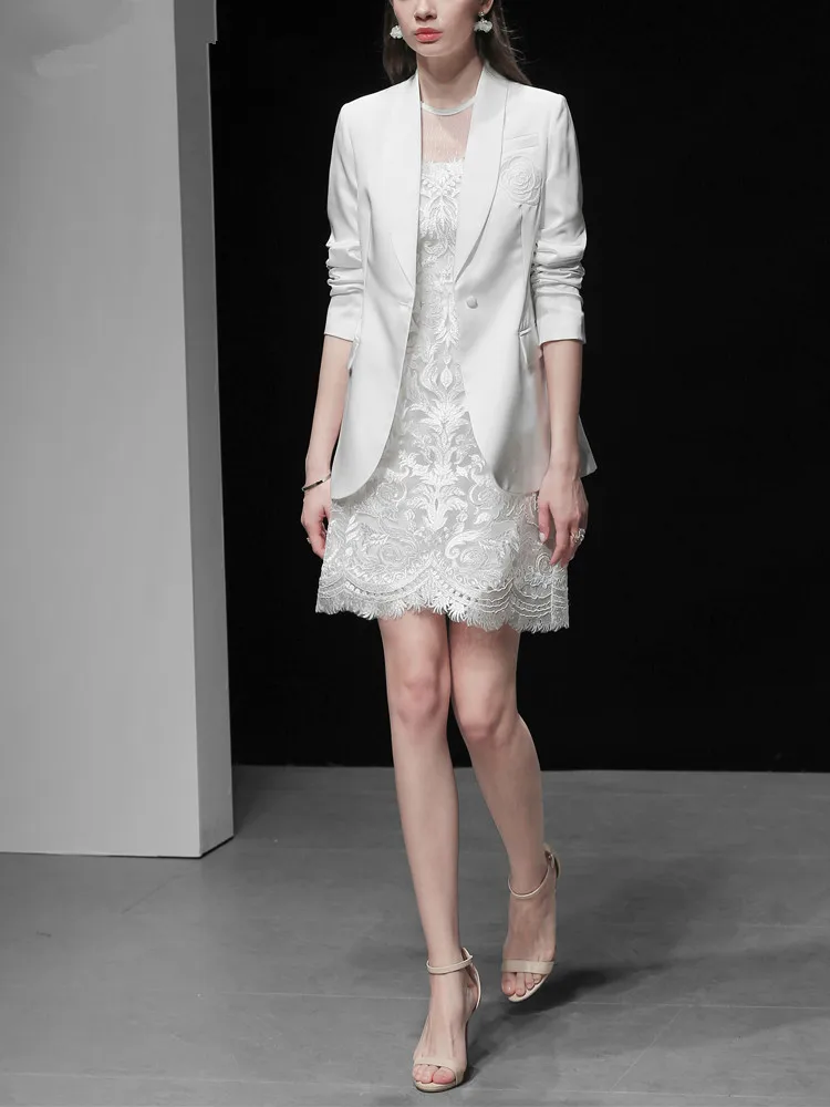 Runway Dress Suits Women Luxury Elegant High Quality Blazer Suit Jacket Tops + Lace Dress Office Ladies Formal Work 2 Piece Suit