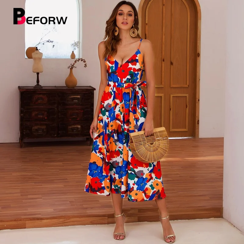 BEFORW Women Spaghetti Strap Summer Dress Sexy Sleeveless Lace Up Print Midi Dresses Sundress Casual Beach Dress Vestidos