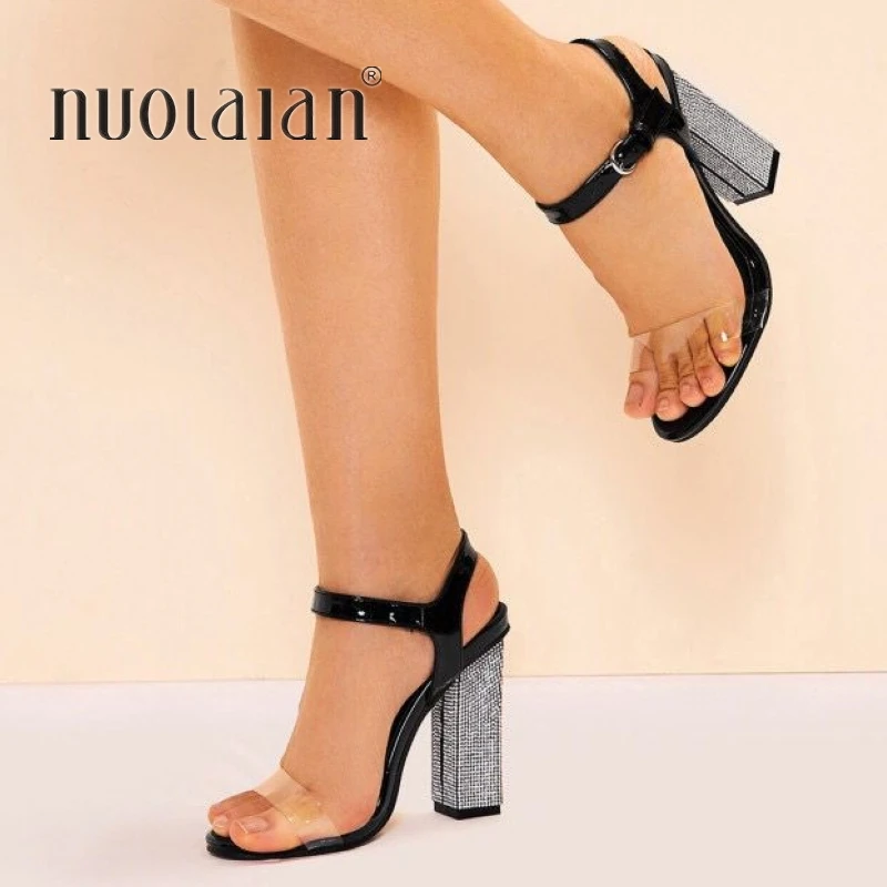 Женские сандалии со стразами на высоком каблуке с открытым носком и ремешком