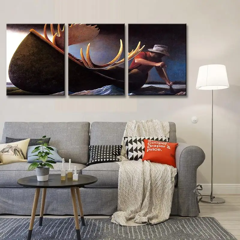 

3 Pcs/Set Portrait Painting Prints on Canvas Painting Retro A man with Antlers Boating Wall Picture for Living Room