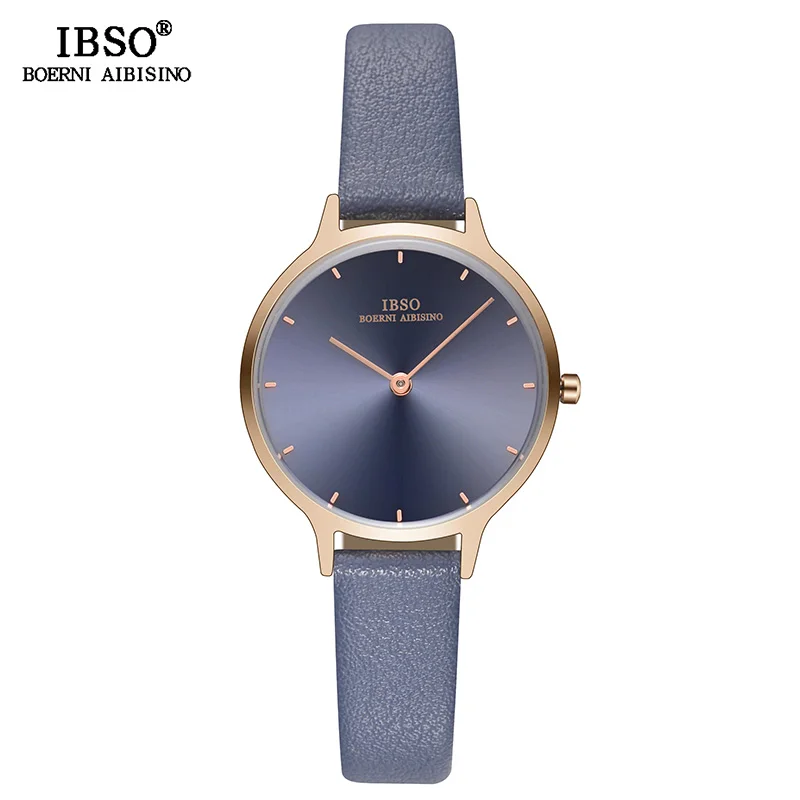 blue IBSO, ультра-тонкие наручные часы для женщин, ремешок из натуральной кожи, кварцевые часы, высокое качество, женские модные часы, Relogio Feminino - Цвет: blue