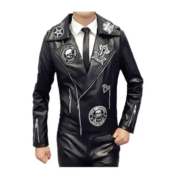Мужская кожаная куртка с вышитым черепом Модная приталенная лацканами в