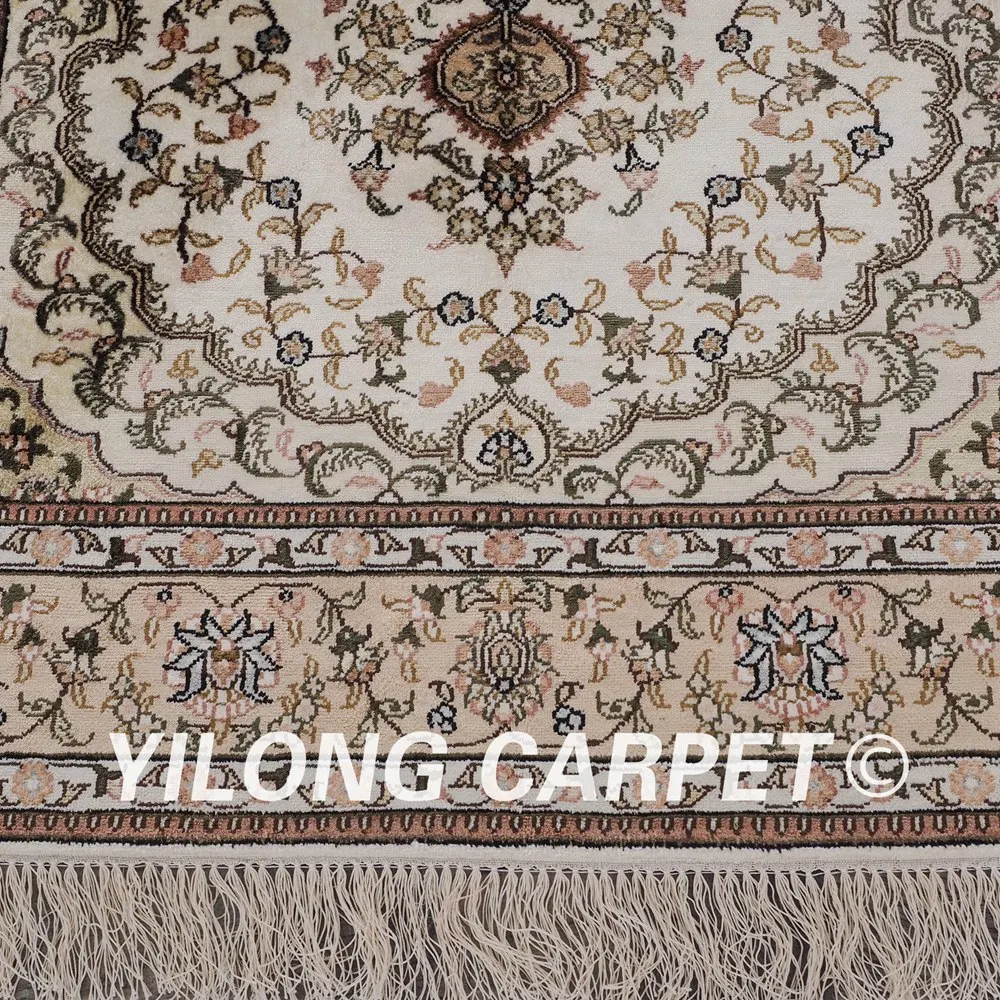 Шелковый коврик YILONG 3 'x 5' Тебриз ручной работы шелковые бежевые изысканные