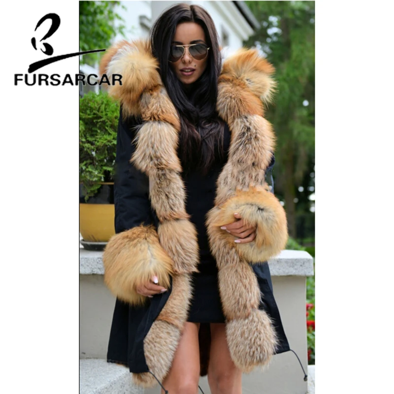 FURSARCAR 2021 Luxury Winter Fur Parka For Women Real Fur Coat Female With Thick Fox Fur Hood Fashion Long Parkas
