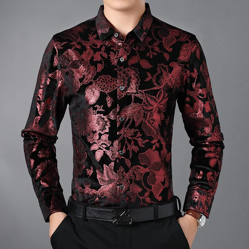 

EL008 креативная винно-красная Модная рубашка с 3d принтом листьев с длинным рукавом Осень 2018 Высококачественная мягкая удобная мужская рубашка