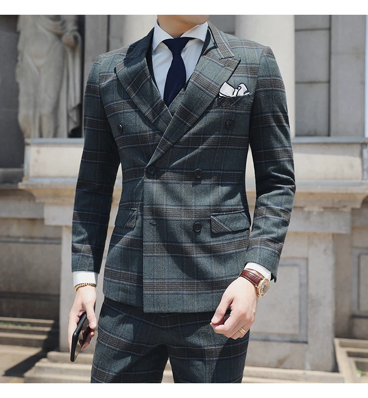 Темно-зеленый костюм мужской свадебный 3 предмета Terno Masculino классический мужской Клетчатый костюм мужские в английском стиле двойные приталенные пиджаки Q667