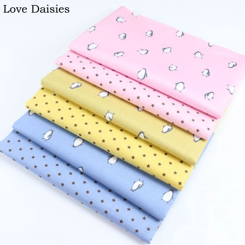 

100% Cotton Twill PINK YELLOW BLUE Cartoon Mini Cute Penguin 5mm Stars Fabrics for DIY Bedding Cushion Sheet Handwork Decor