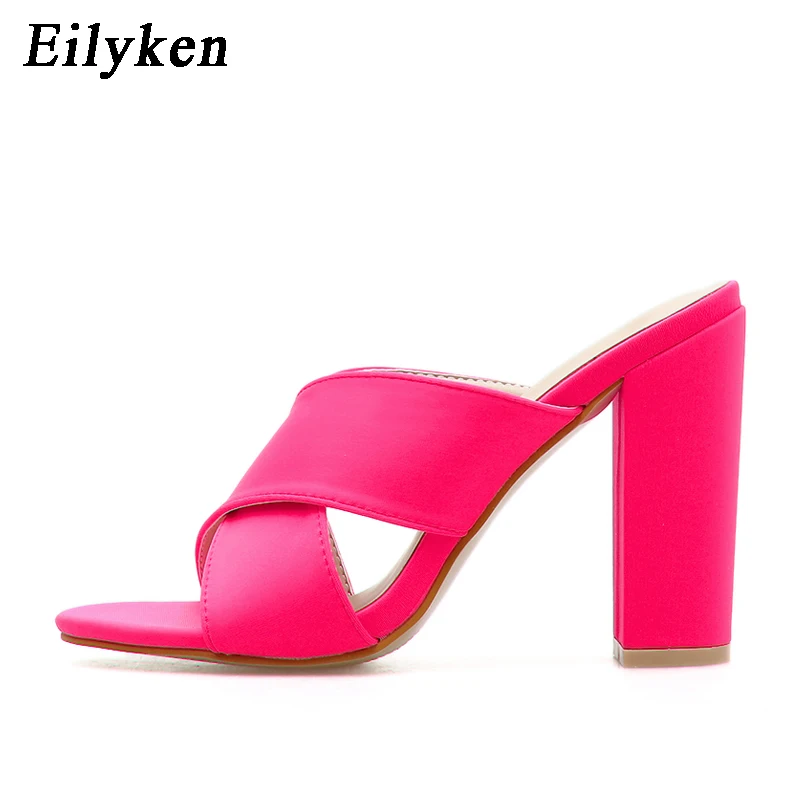 Red Eilyken/Новые летние женские флуоресцентные зеленые красные Тапочки мюли на квадратном каблуке, пикантные туфли с открытым носком Вечерние туфли на высоком каблуке - Цвет: Red