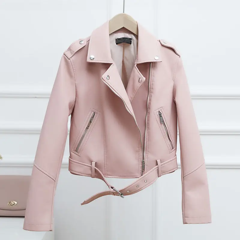 pink Куртка из искусственной кожи, женская модная черная мотоциклетная куртка, короткая байкерская куртка из искусственной кожи, тонкая женская куртка с регулируемой талией C5348 - Цвет: pink