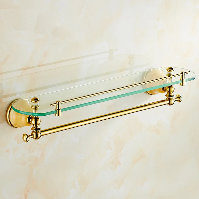 

2 Style Brass single tier bathroom shelves gold, Antique glass shelf bathroom wall mounted,Copper retro bathroom shelf towel bar
