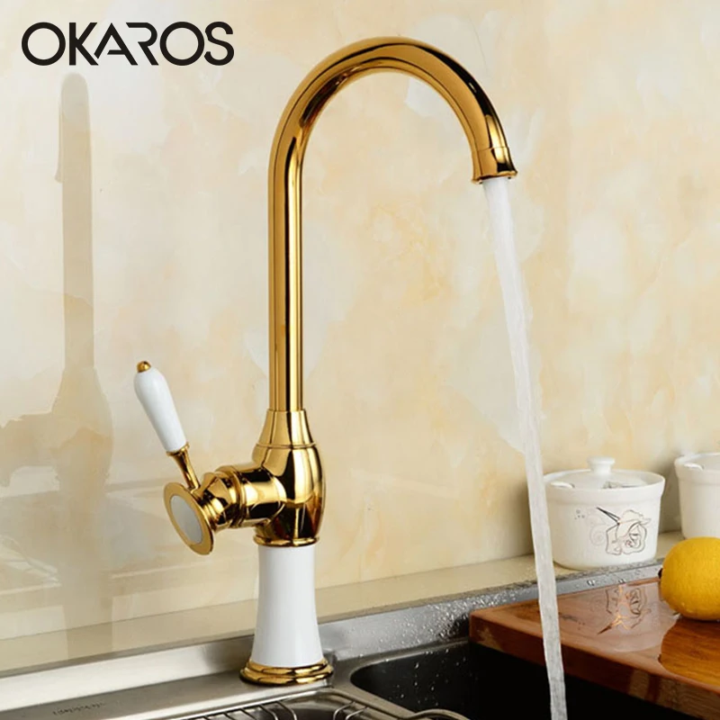 OKAROS Kitchen Faucet Brass Golden Finish With White Paint Baked Decoration 360 Degree Swivel Single Handle Mixer Tap Torneira |