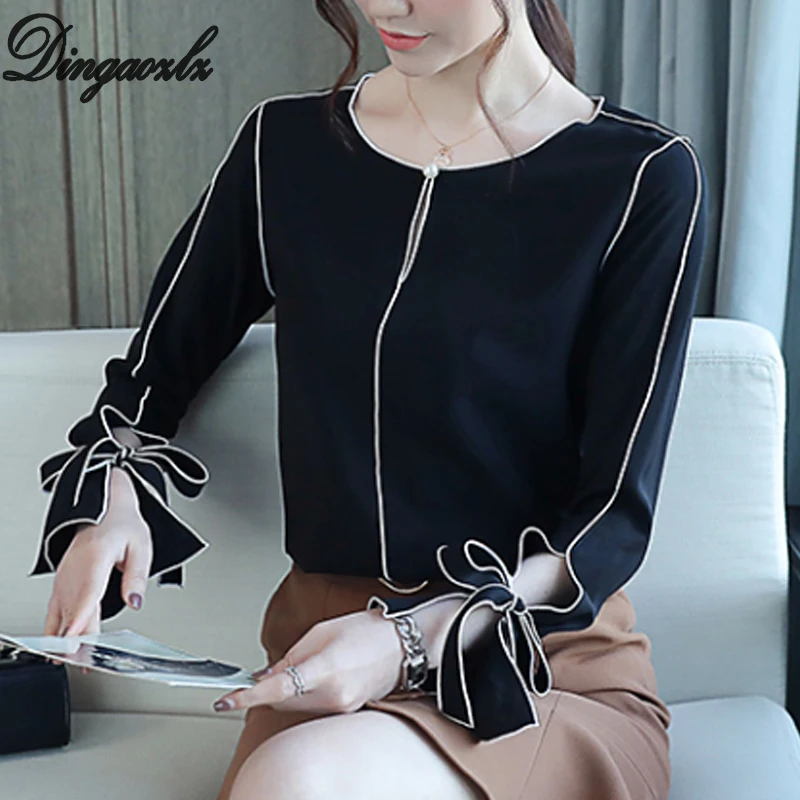 Dingaozlz blusa feminina осенние новые женские топы корейская модная Повседневная рубашка с галстуком-бабочкой белая шифоновая блузка с длинным рукавом