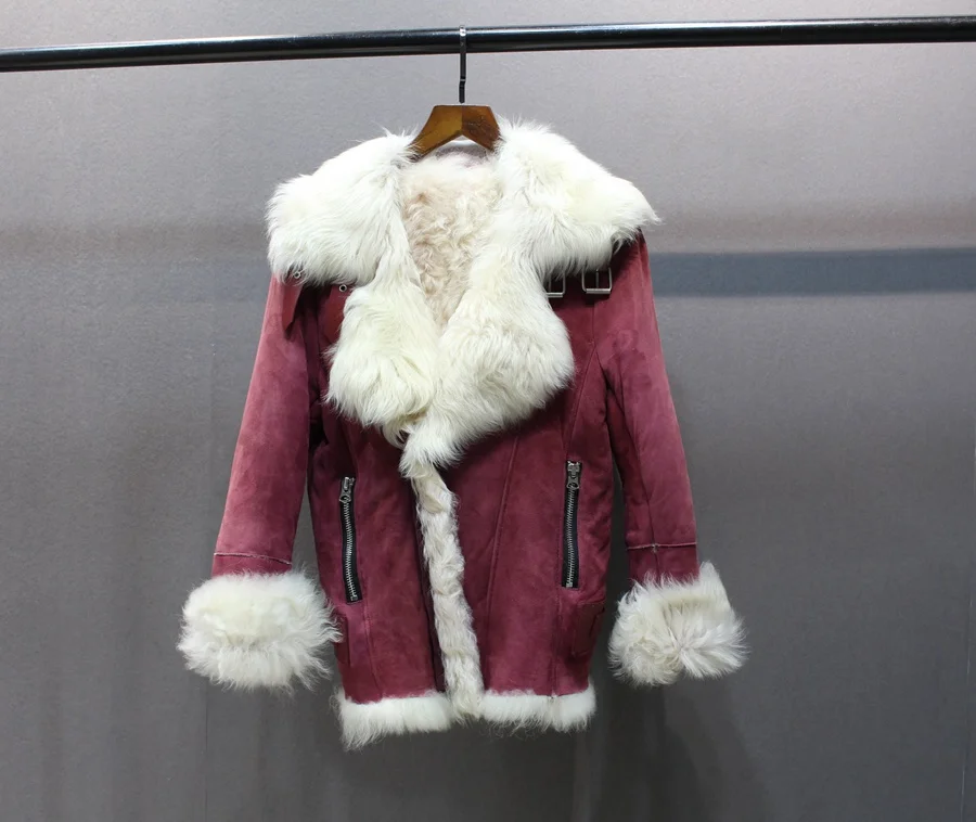 Женская Шуба из овчины, замшевый мех, овчина, кожаная куртка с натуральным лисьим меховым воротником, Толстая теплая русская куртка размера плюс, ветровка Cl