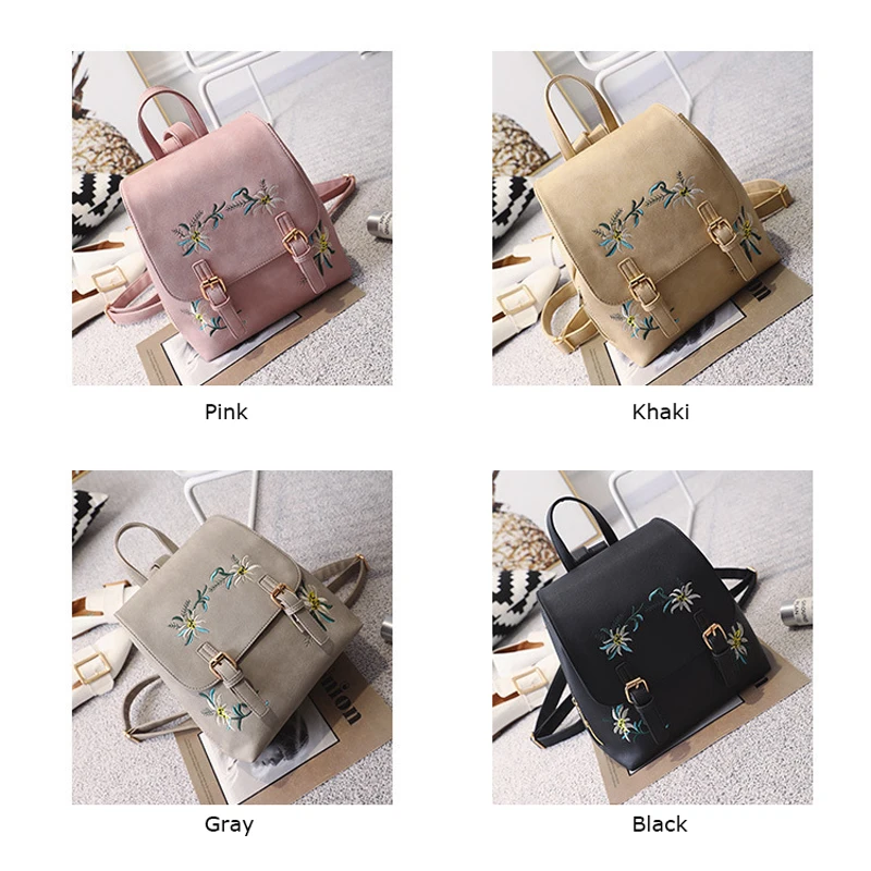 

BONAMIE Pink Fashion Women PU Leather Backpacks Embroidery Flowers Female School Bags for Girls Rucksack Small Floral Bagpack