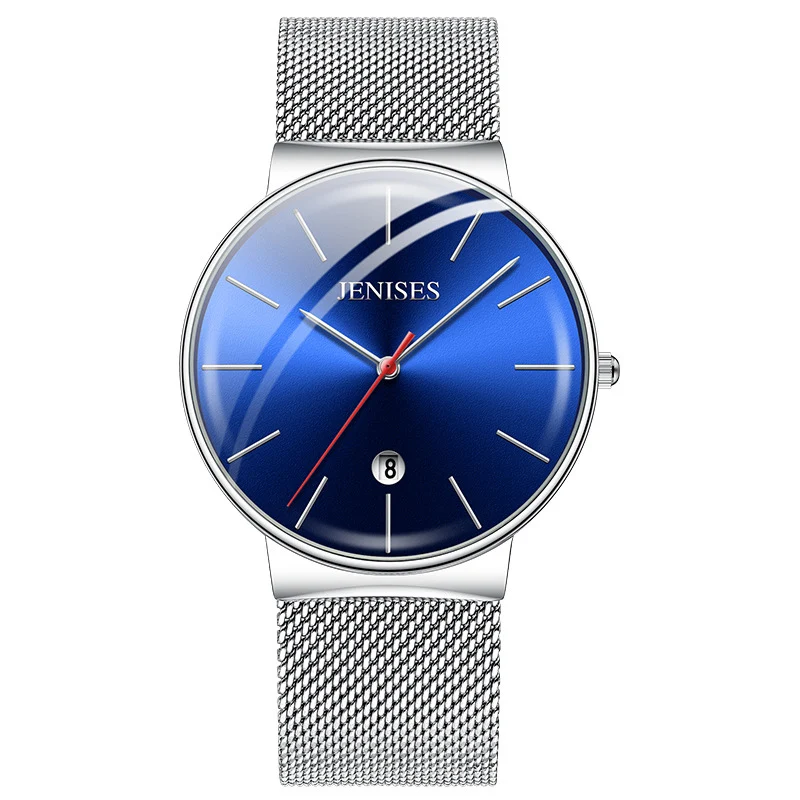 JENISES новая модель кварцевые наручные часы мужские стальные сетчатые