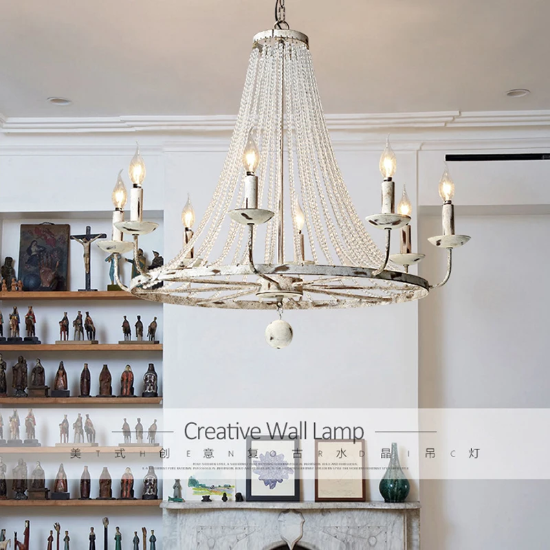 

American country style white Vintage luxury big LED crystal chandelier lamp lustres modern E14 lights for living room bedroom