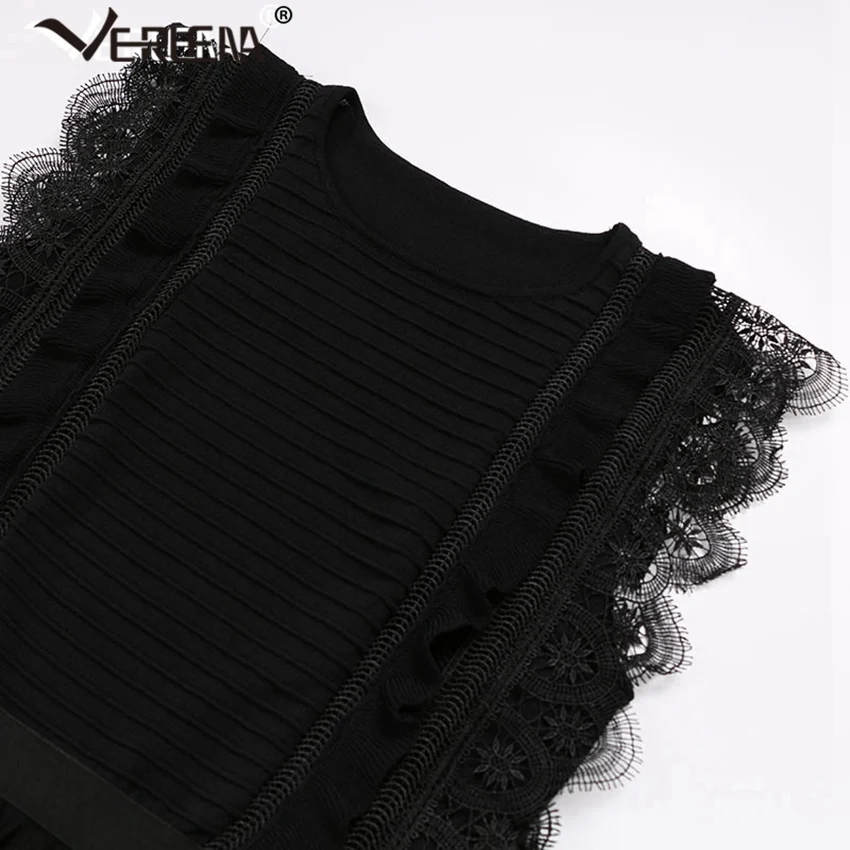 Verlena 2019 Плиссированное черное летнее платье с круглым вырезом и кружевом без