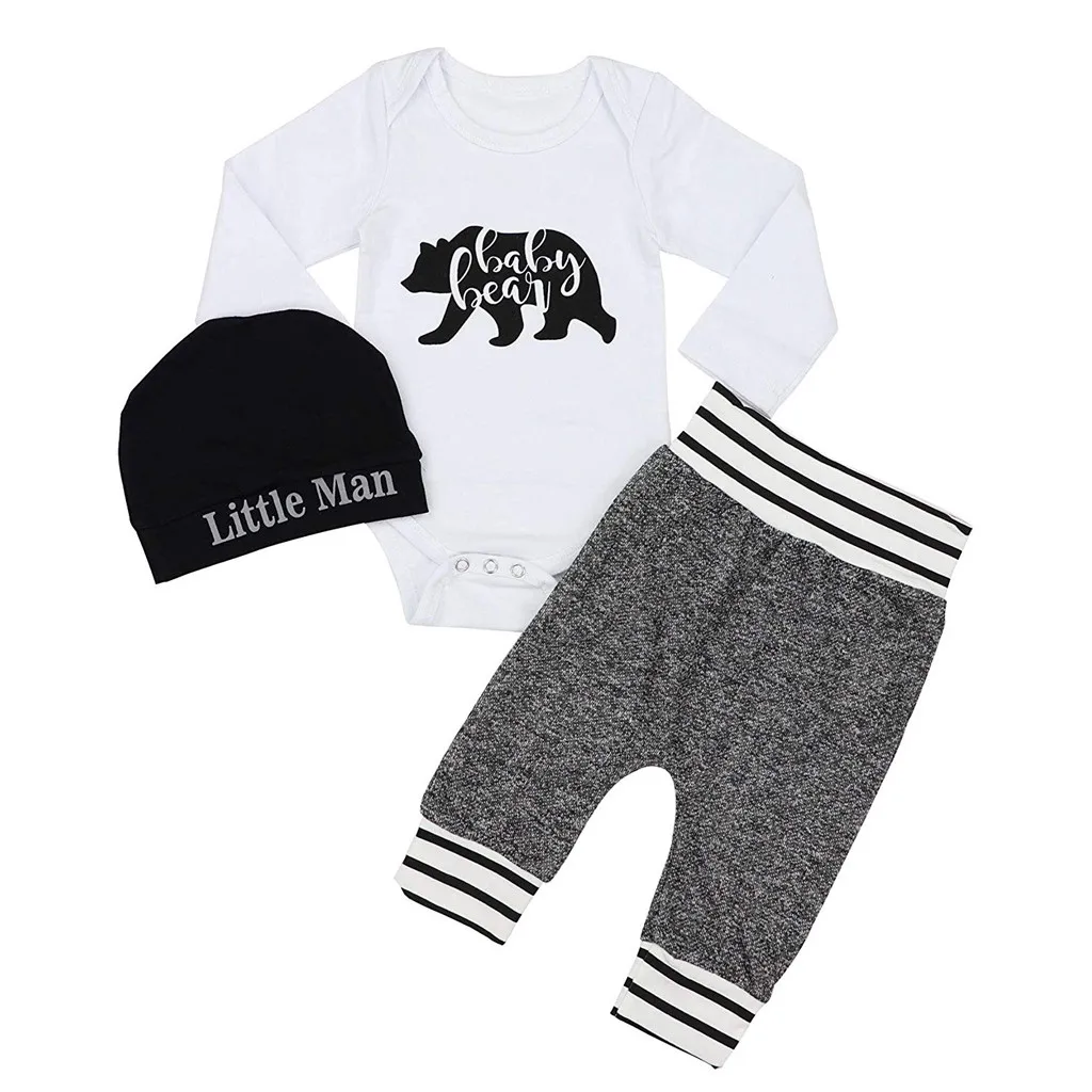 Kids Clothes Newborn Baby Boy Girl Letter Print Romper+Pants+Hat 3PCS Outfits Set Bebek Giyim | Детская одежда и обувь