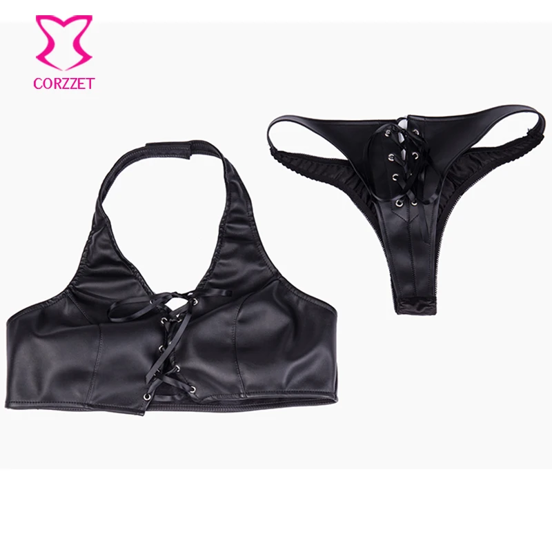 Черный кожаный бюстгальтер с лямкой на шее шнуровке и трусики большие размеры