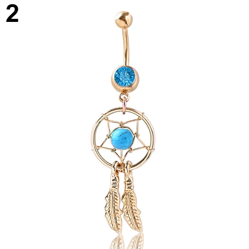 Золото тон Ловец снов перо Стразы бусины пупка кольцо Штанга 7HH6|belly button navel ring|navel