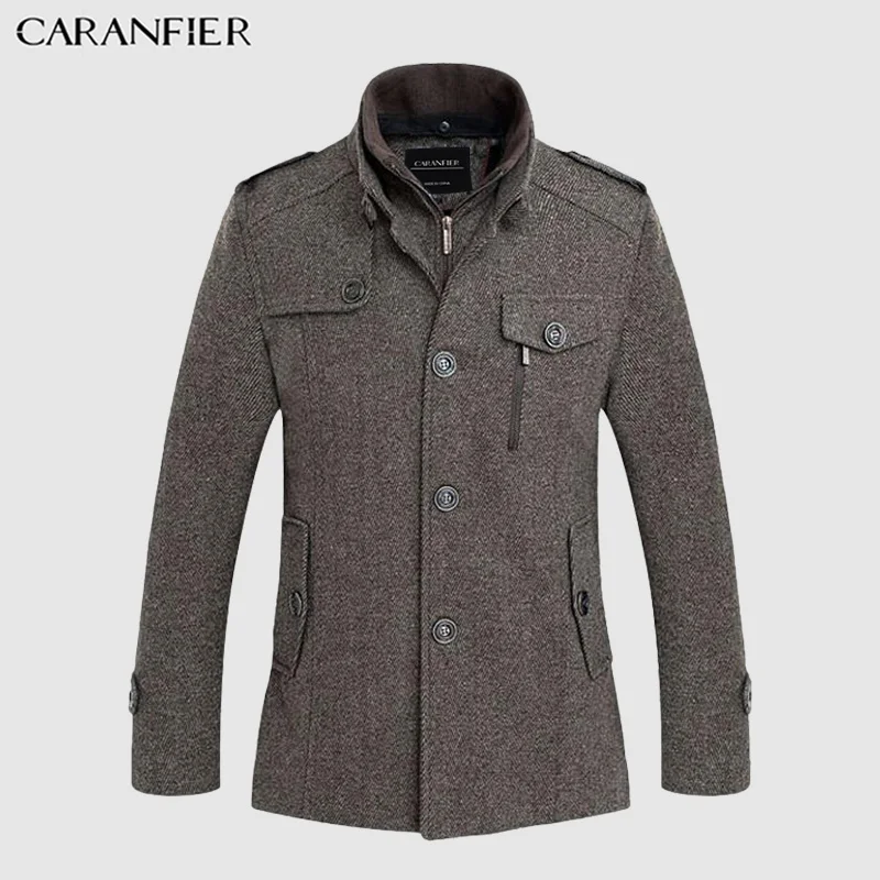Хаки CARANFIER новое зимнее шерстяное пальто приталенные куртки модная верхняя одежда теплая мужская повседневная куртка пальто бушлат размера плюс M-XXXL - Цвет: Хаки
