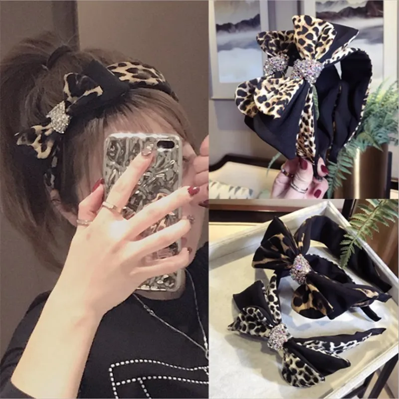 

High-end hair accessories leopard double-layer bow headband with rhinestone super flash wide side headband wild hair band women