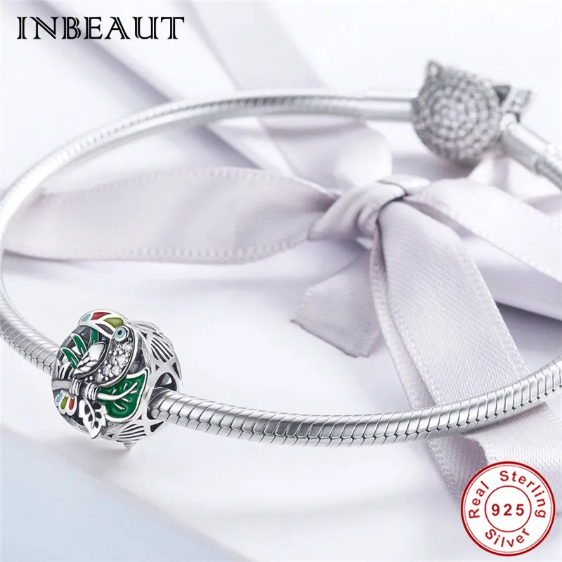 INBEAUT настоящий 925 пробы Серебряный Зеленый лист Дерево Белый CZ Попугай Птица Шарм Бусины Подходит трендовый браслет для женщин ювелирных изделий
