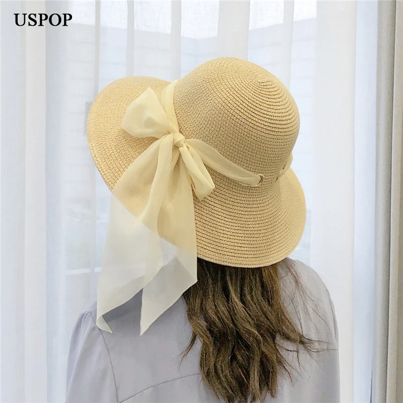 Женская Соломенная шляпка от солнца USPOP мягкая пляжная шляпа с широкими полями и