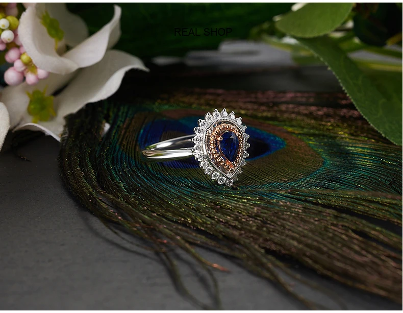 JEWELLWANG Роскошный натуральный голубой сапфир 18 К кольцо из белого золота кольцо с настоящим алмазом для Для женщин белого золота с камнями-каплями воды Кольца с сапфиром
