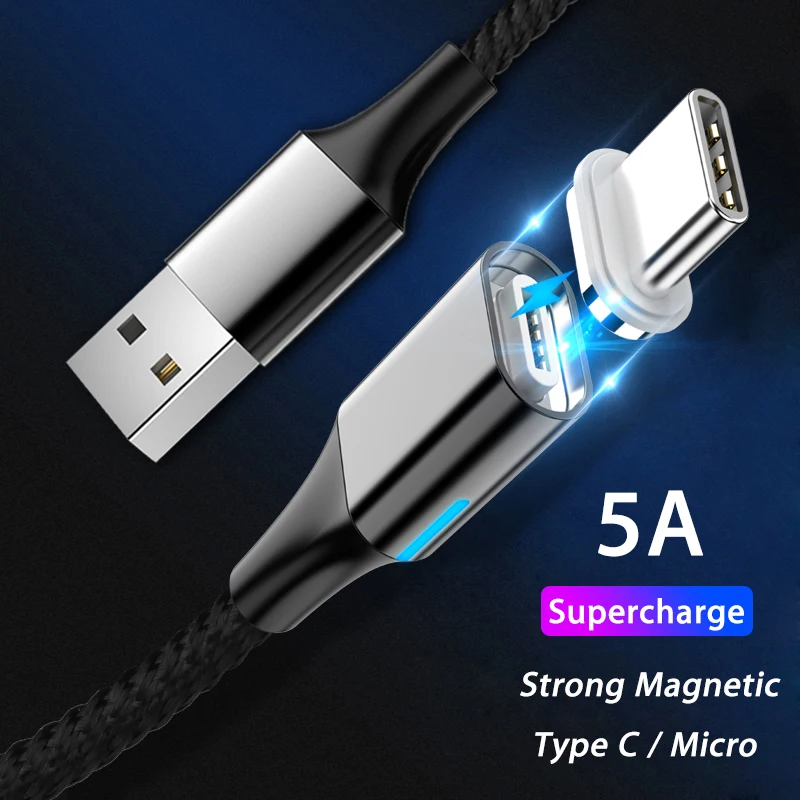 Магнитный кабель Micro usb type C 5A супер быстрый зарядный кабель для huawei P30 mate 20 30 Honor 20 pro Магнитный светодиодный кабель для зарядки