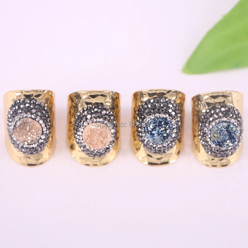 5 шт Pave Rhinestone Друза титана натуральный кристалл золото цвет кольца для женщин
