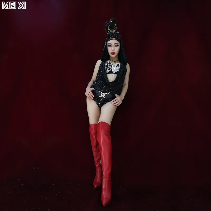 Женский сексуальный черный комбинезон с блестками со стразами и бюстгальтер для