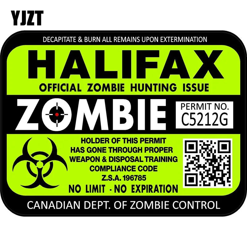 YJZT 15x11.3cm Fashion Canada Halifax ZOMBIE Hunting License Permit Retro-reflective Decal Car Sticker C1-8116 |