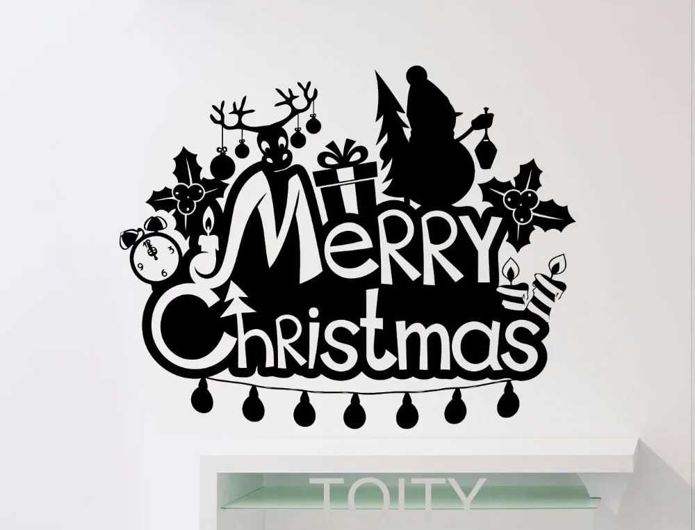Merry Christmas Настенная Наклейка Рождество дерево подарок олень Санта виниловая