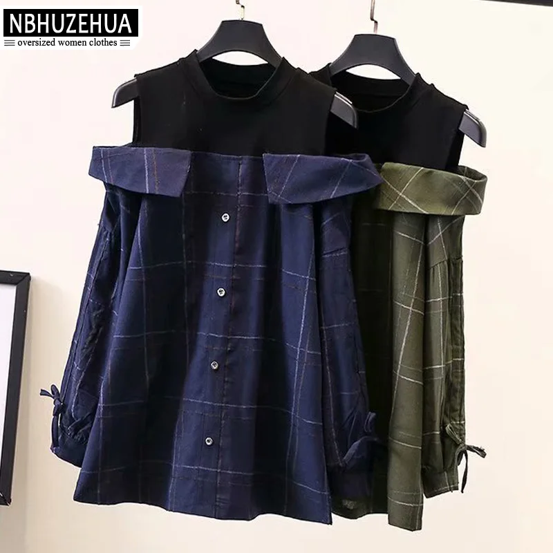 NBHUZEHUA Весенняя женская рубашка с длинным рукавом, плюс размер, винтажный клетчатый топ с открытыми плечами, корейский Повседневный пуловер 5XL 19-A20