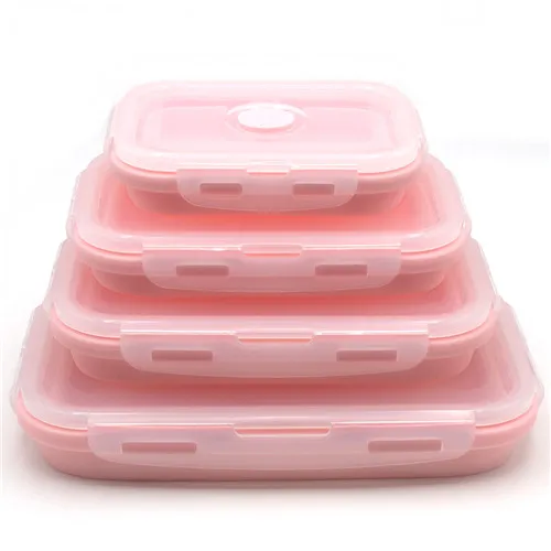 Розовый 4 шт./компл. Силиконовый складной Bento коробка складной Портативный Коробки для обедов для Еда посуда контейнер для продуктов миска для детей и взрослых - Цвет: Розовый
