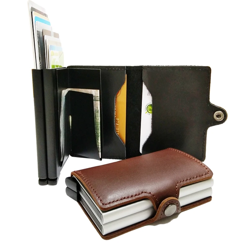 VM FASHION KISS Genuine Leather Double Aluminum Box RFID Safe Card Wallet Credit Card Information Anti-theft Brush Card Holder