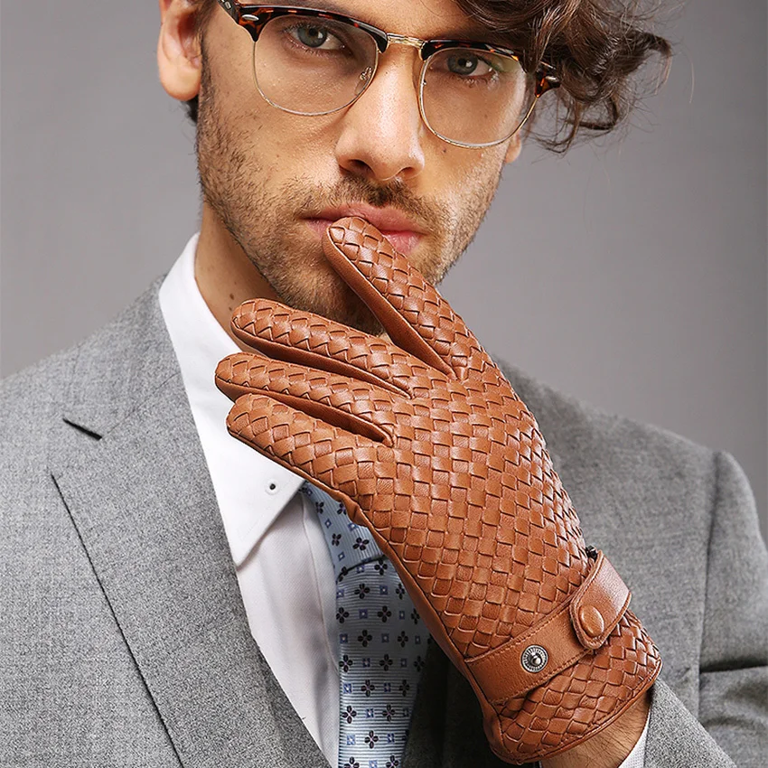 

2020 New High-end Weave Men Genuine Leather Gloves Fashion Solid Wrist Sheepskin Glove Man Winter Warmth Driving M025NN-9