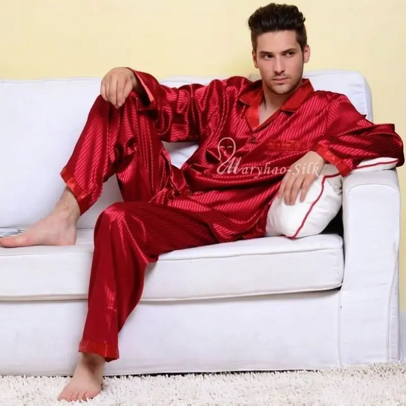 Мужские шелковые пижамы набор Pajams пижамы длинный комплект пижамы Loungewear S~ 4XL плюс в полоску