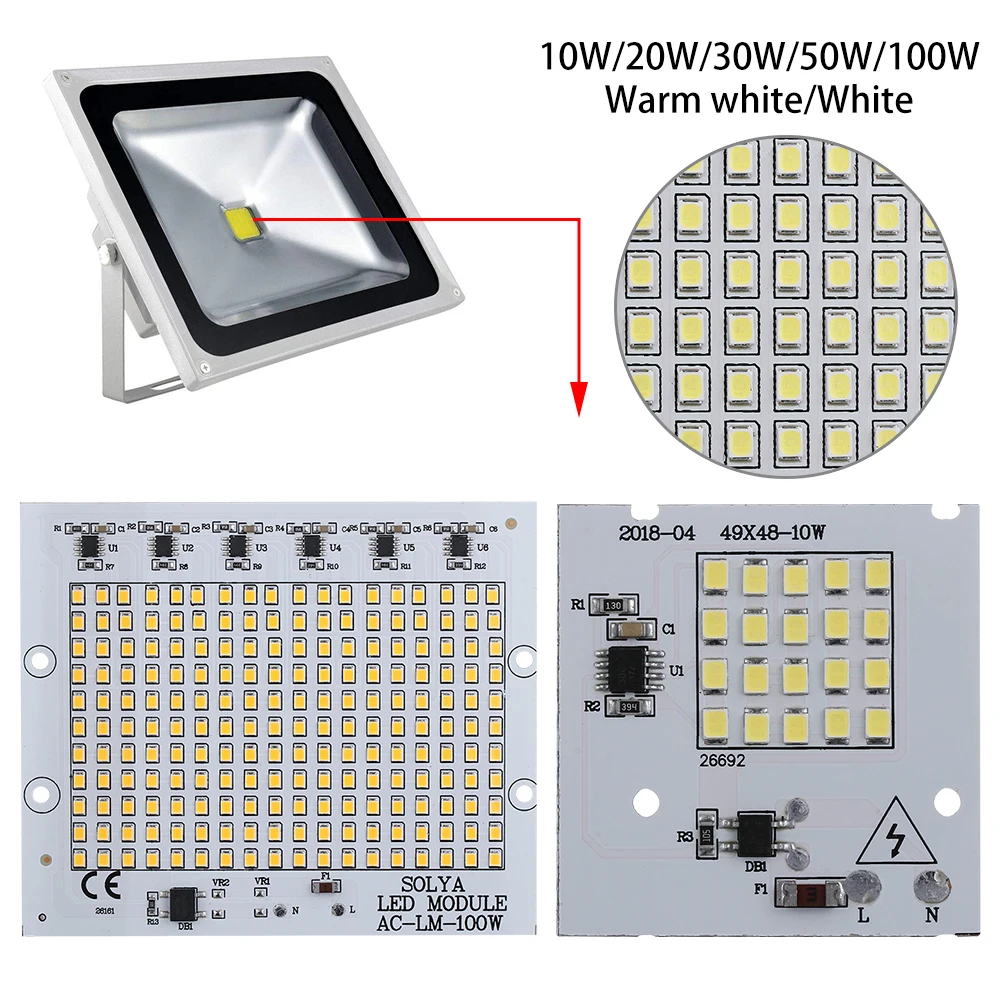 1 шт. SMD2835 чип-бисер Smart IC 220 В вход 10 Вт 20 Вт 30 Вт 50 Вт 100 Вт Светодиодный светильник DIY для наружного прожектора холодный белый теплый белый
