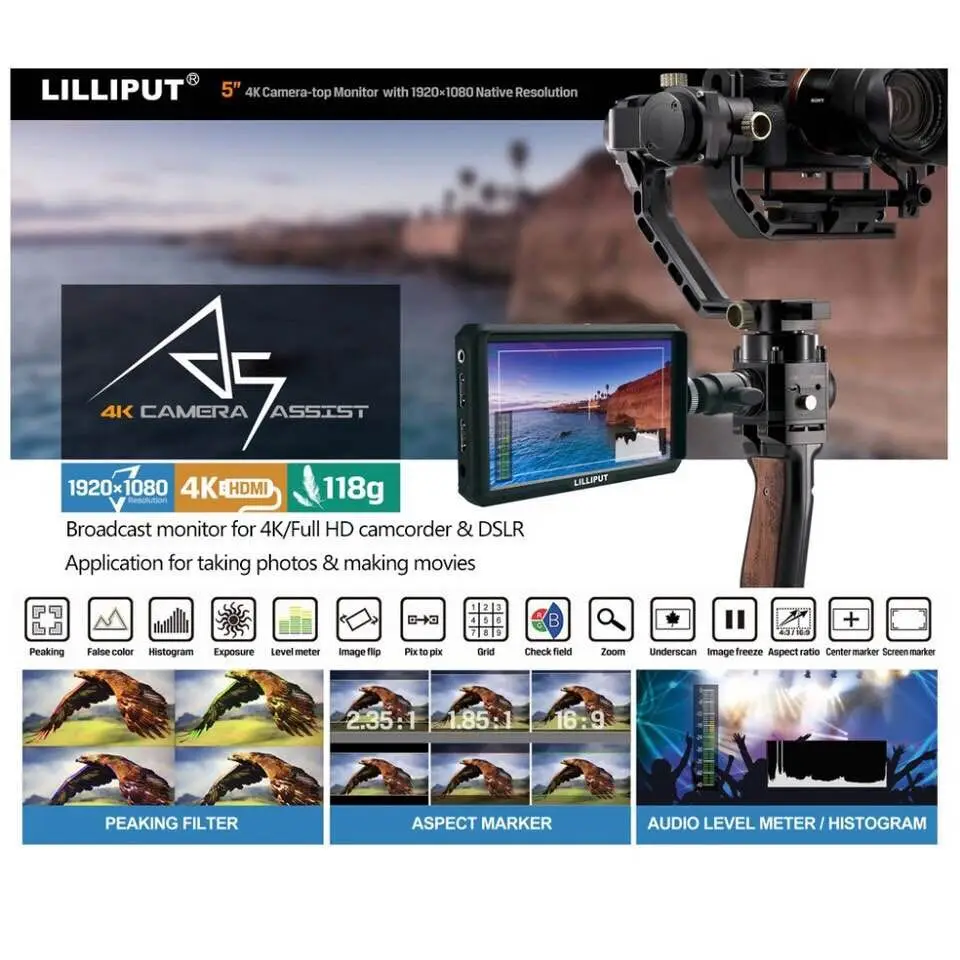 Lilliput A5 легкий 5 дюймов 1920x1080 HD 441ppi ips Экран Камера полевой монитор с разрешением 4 K HDMI Вход выход с Батарея и зарядка