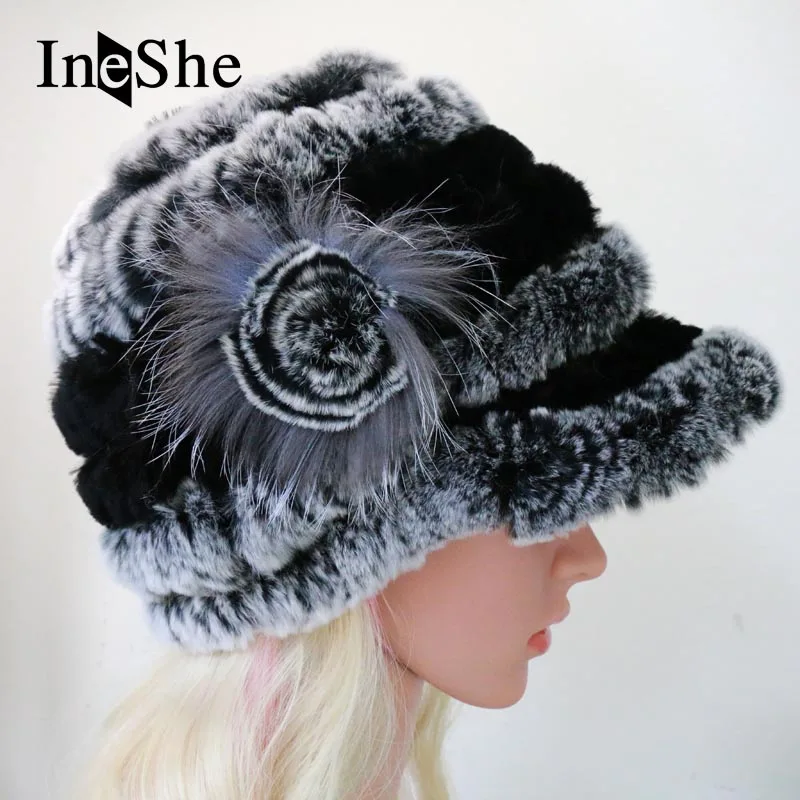 IneShe Женщин Натурального Меха Шапки Вязание Рекс Кролика русский Шляпа