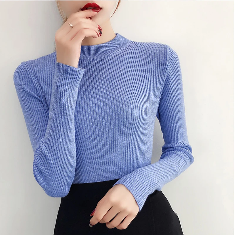shintimes Long Sleeve Sweater Women Shiny Autumn Winter Pullover Korean Style Knitted Turtleneck Woman Basic Sweaters 2019 Femme | Женская