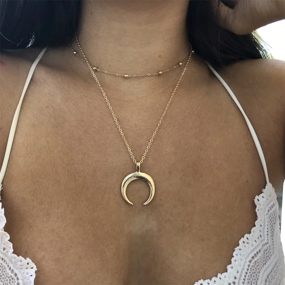 Женское Ожерелье с двумя рожками и полумесяцем 2018|girlfriend gift|double horn necklacecrescent moon