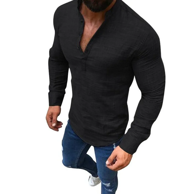 Футболка мужская с длинным рукавом 2018 лен однотонная | Мужская одежда