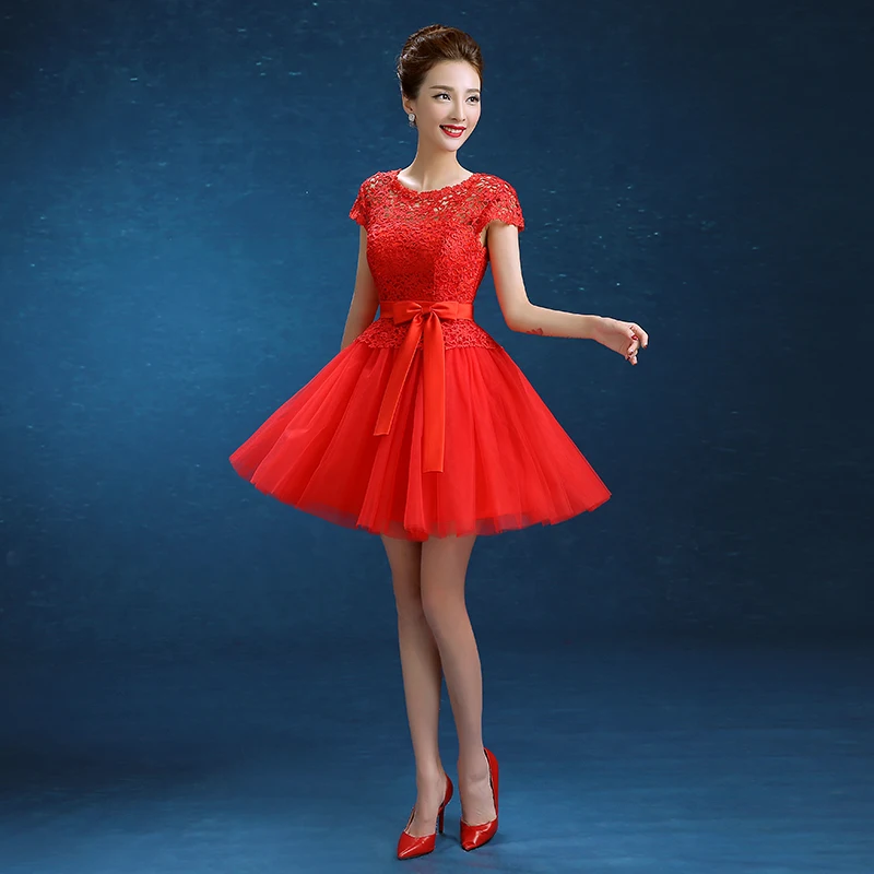 

Новейшие короткие платья для подружки невесты, платье с V-образным вырезом и рукавами-крылышками, женское красное бальное платье для девуше...