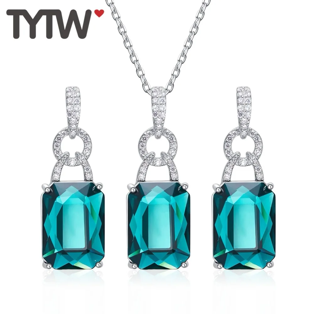 Классические квадратные серьги гвоздики TYTW ожерелье с кулоном серебро 925 пробы