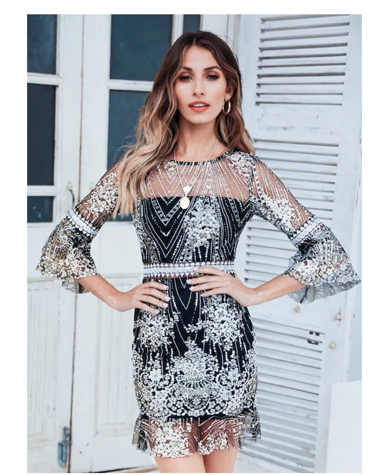 Сексуальные Клубные платья с круглым вырезом и заклепками расшитые блестками 2018