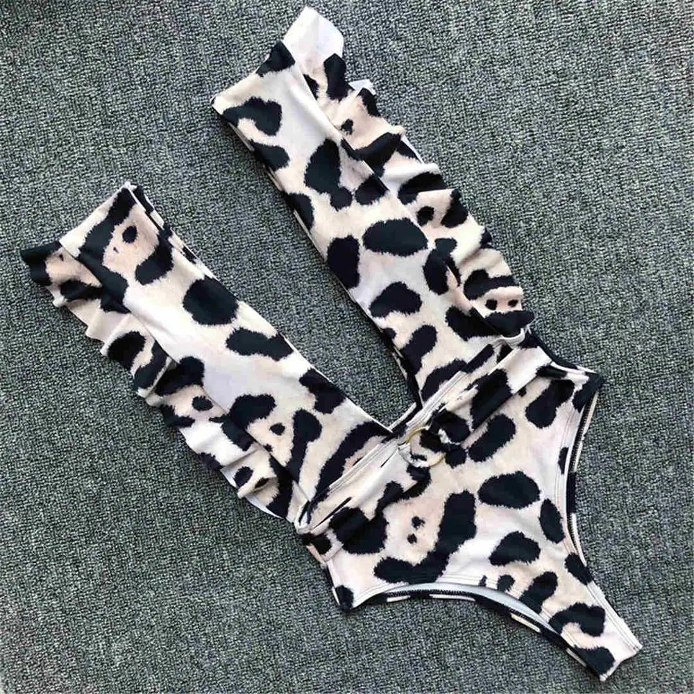 Leopard 8 цветов, сексуальный цельный купальник с глубоким v-образным вырезом,, женская одежда для плавания, женский купальный костюм с оборками и высокой талией, одежда для плавания V1414 - Цвет: Leopard
