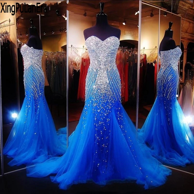 Vestido Longo, ярко-синий тюль, длинное платье, вечерние, серебряные, украшенные бисером, кристаллы, элегантные, на заказ, вечерние платья для выпускного вечера